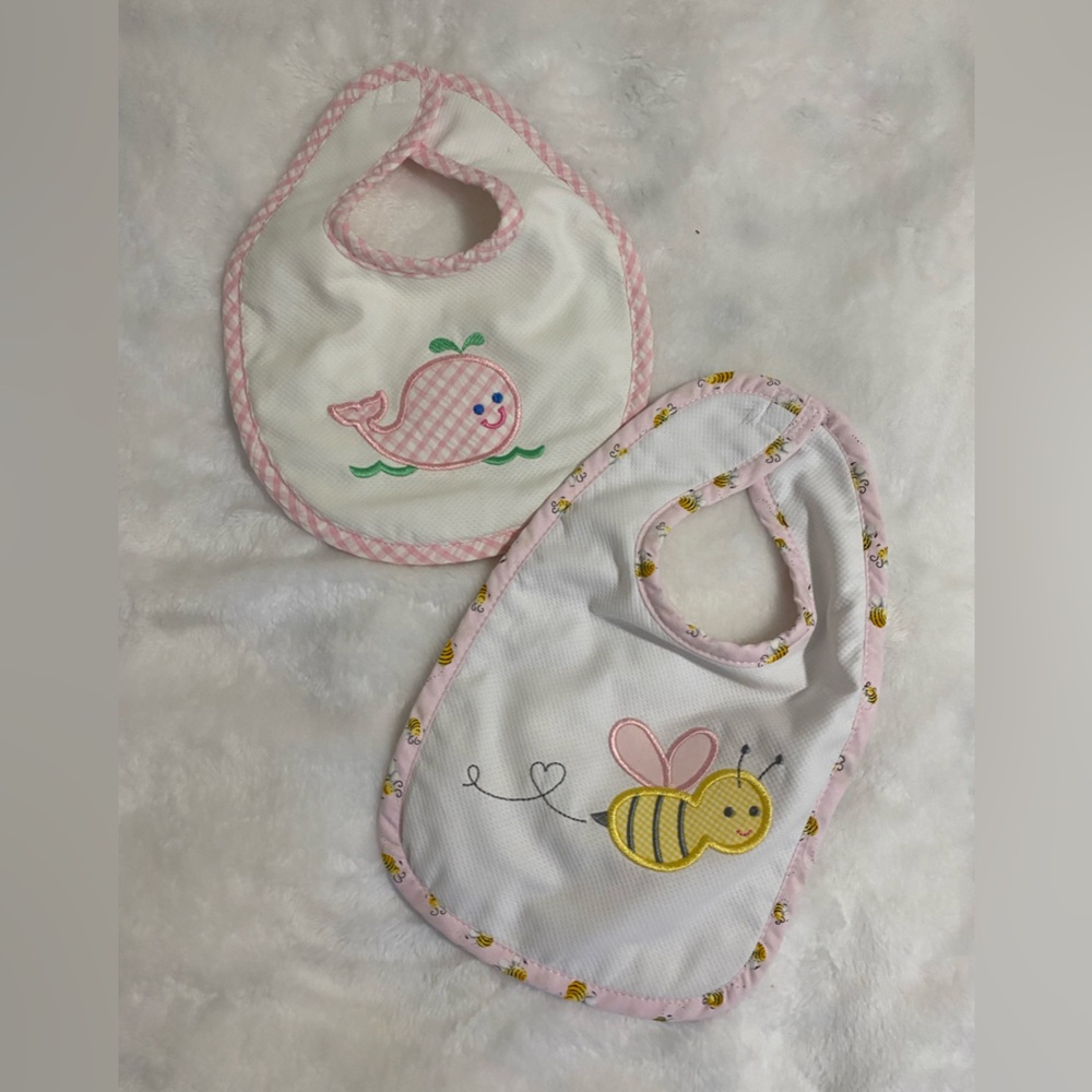 Charming Pink and White Baby Bib Set with Whale and Bee Designs
